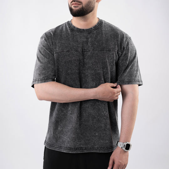 Gray Acid Wash Paneled Oversize T-Shirt