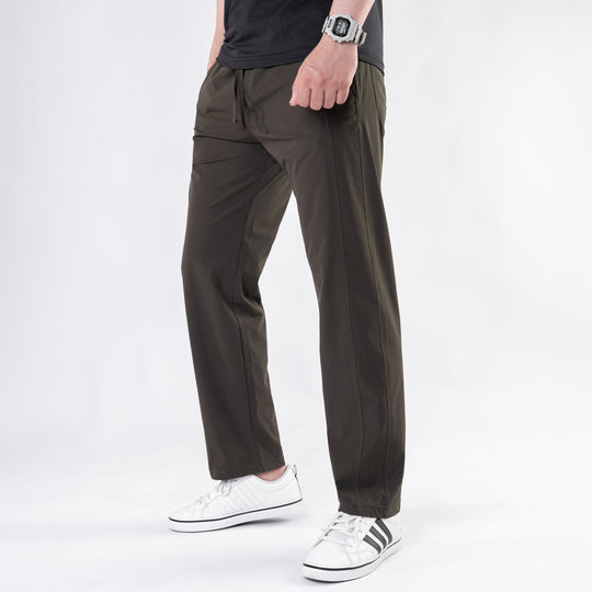 Premium Olive Crinkle Lycra 4-Way Stretch Straight Fit Pants