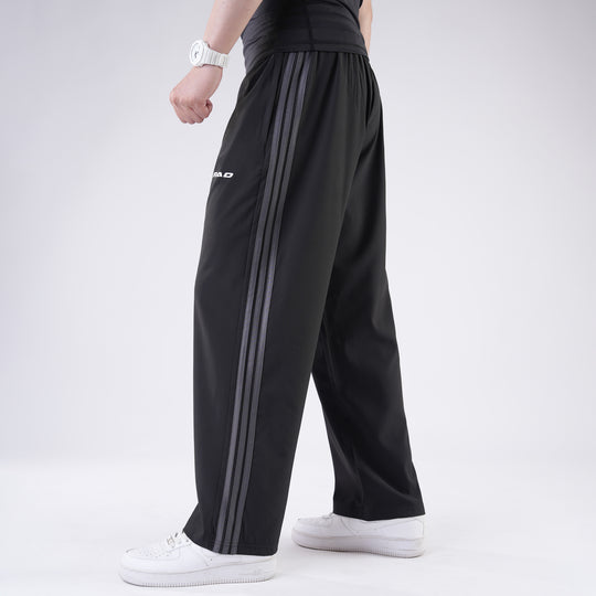 Black Micro Baggy Fit Trousers with Three Straight Stripes