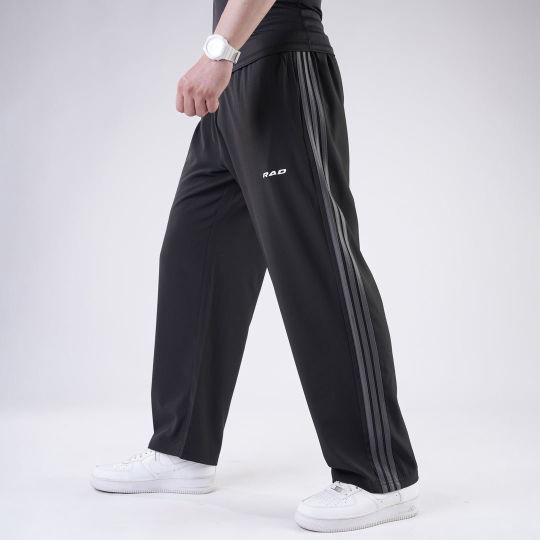 Black Micro Baggy Fit Trousers with Three Straight Stripes