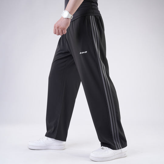 Black Micro Baggy Fit Trousers with Three Straight Stripes