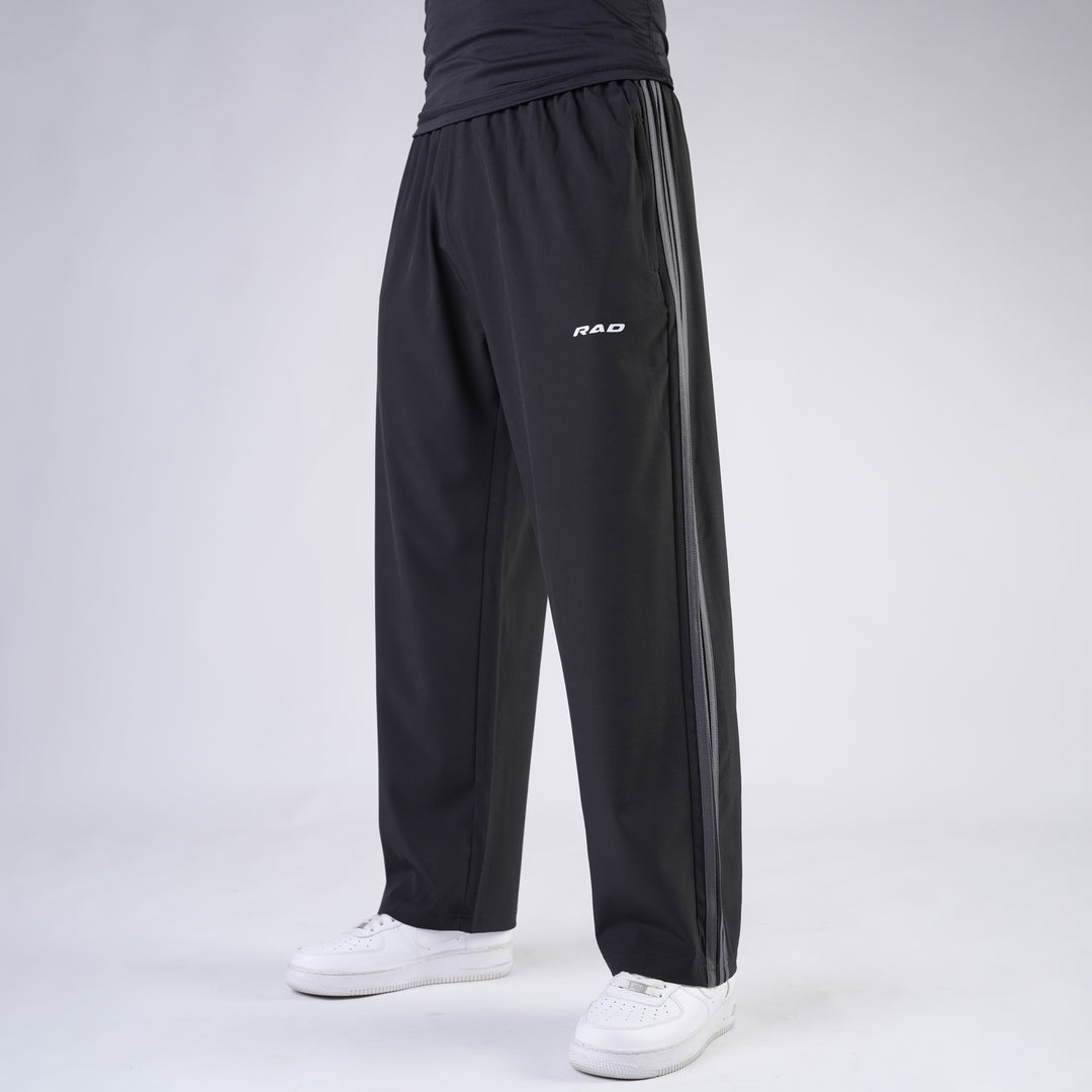 Black Micro Baggy Fit Trousers with Three Straight Stripes