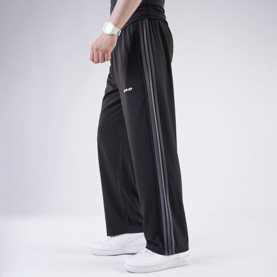 Black Micro Baggy Fit Trousers with Three Straight Stripes