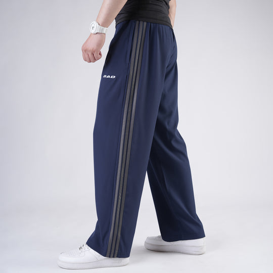Navy Micro Baggy Fit Trousers with Three Straight Stripes