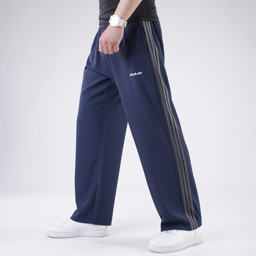 Navy Micro Baggy Fit Trousers with Three Straight Stripes