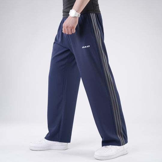 Navy Micro Baggy Fit Trousers with Three Straight Stripes