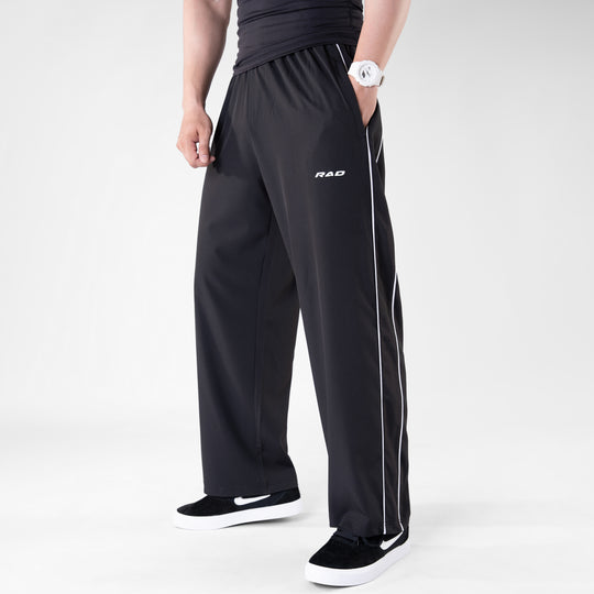 Black Micro Baggy Fit Trousers with White Piping & Lazer Cut Panels