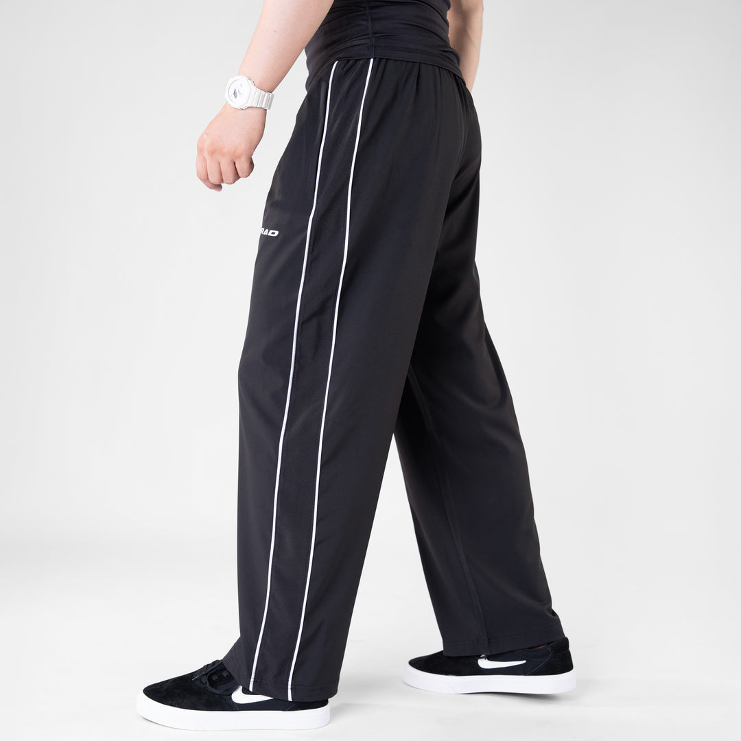 Black Micro Baggy Fit Trousers with White Piping & Lazer Cut Panels