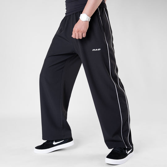 Black Micro Baggy Fit Trousers with White Piping & Lazer Cut Panels