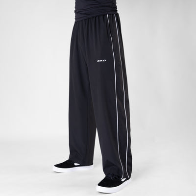 Black Micro Baggy Fit Trousers with White Piping & Lazer Cut Panels