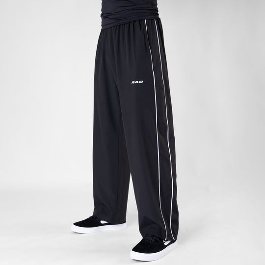Black Micro Baggy Fit Trousers with White Piping & Lazer Cut Panels