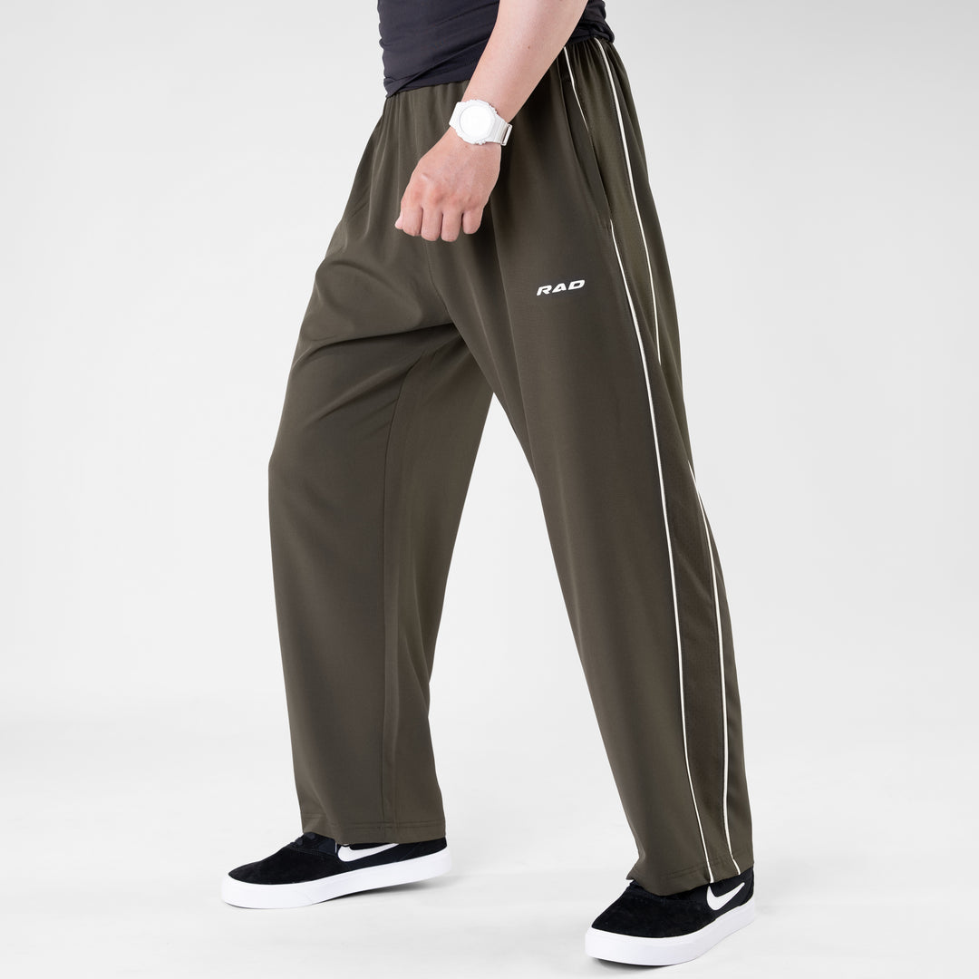 Olive Micro Baggy Fit Trousers with White Piping & Lazer Cut Panels