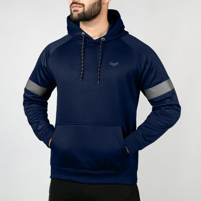 Navy Fleece Hoodie with Charcoal Stripes