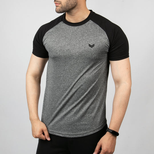Mottled Black Quick Dry Tee With Black Raglan Sleeves
