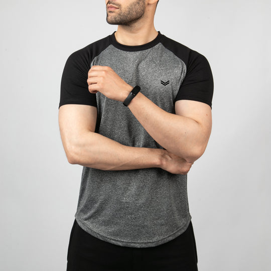 Mottled Black Quick Dry Tee With Black Raglan Sleeves