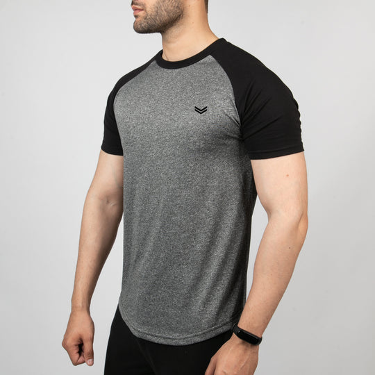 Mottled Black Quick Dry Tee With Black Raglan Sleeves