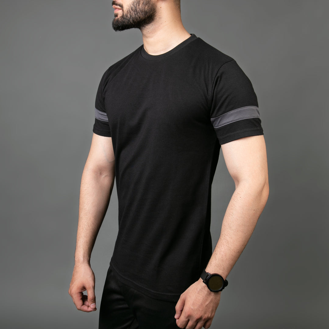Black Hybrid Tee with Gray Mesh Sleeve Panel