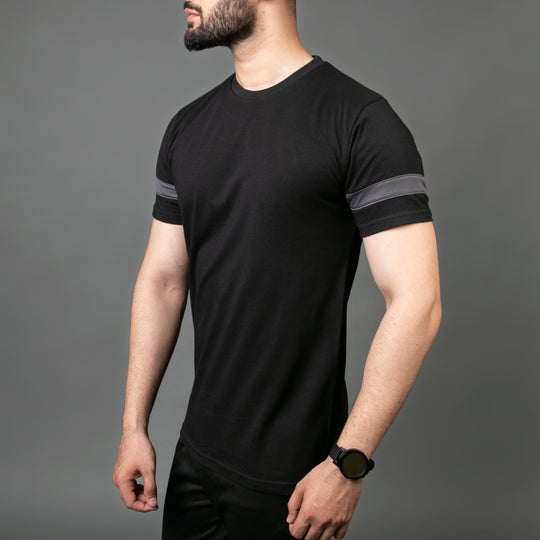 Black Hybrid Tee with Gray Mesh Sleeve Panel