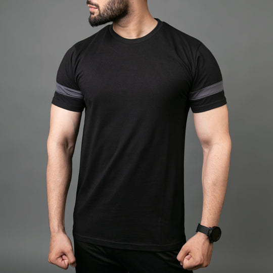 Black Hybrid Tee with Gray Mesh Sleeve Panel