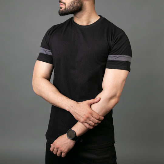 Black Hybrid Tee with Gray Mesh Sleeve Panel