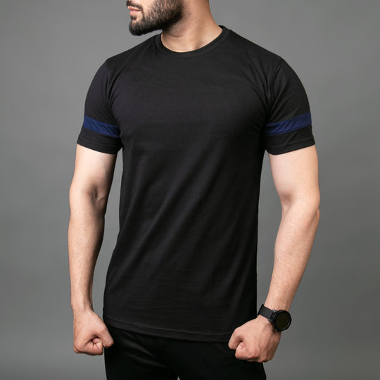 Black Hybrid Tee with Navy Mesh Sleeve Panel