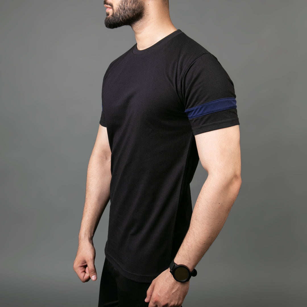 Black Hybrid Tee with Navy Mesh Sleeve Panel