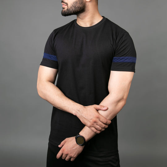 Black Hybrid Tee with Navy Mesh Sleeve Panel
