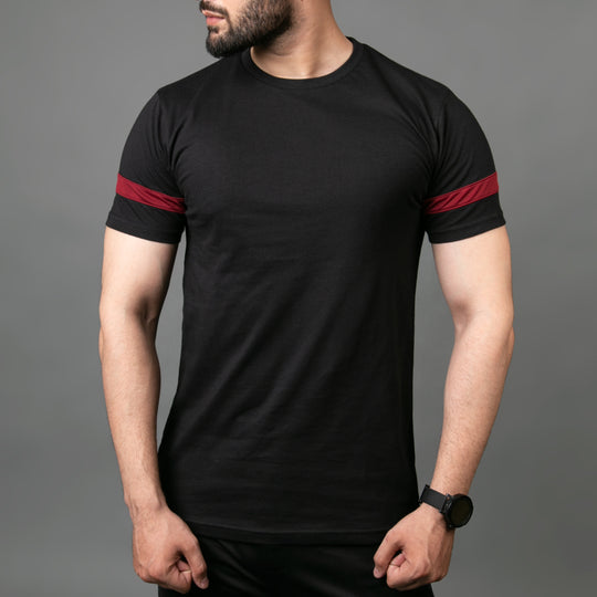 Black Hybrid Tee with Maroon Mesh Sleeve Panel