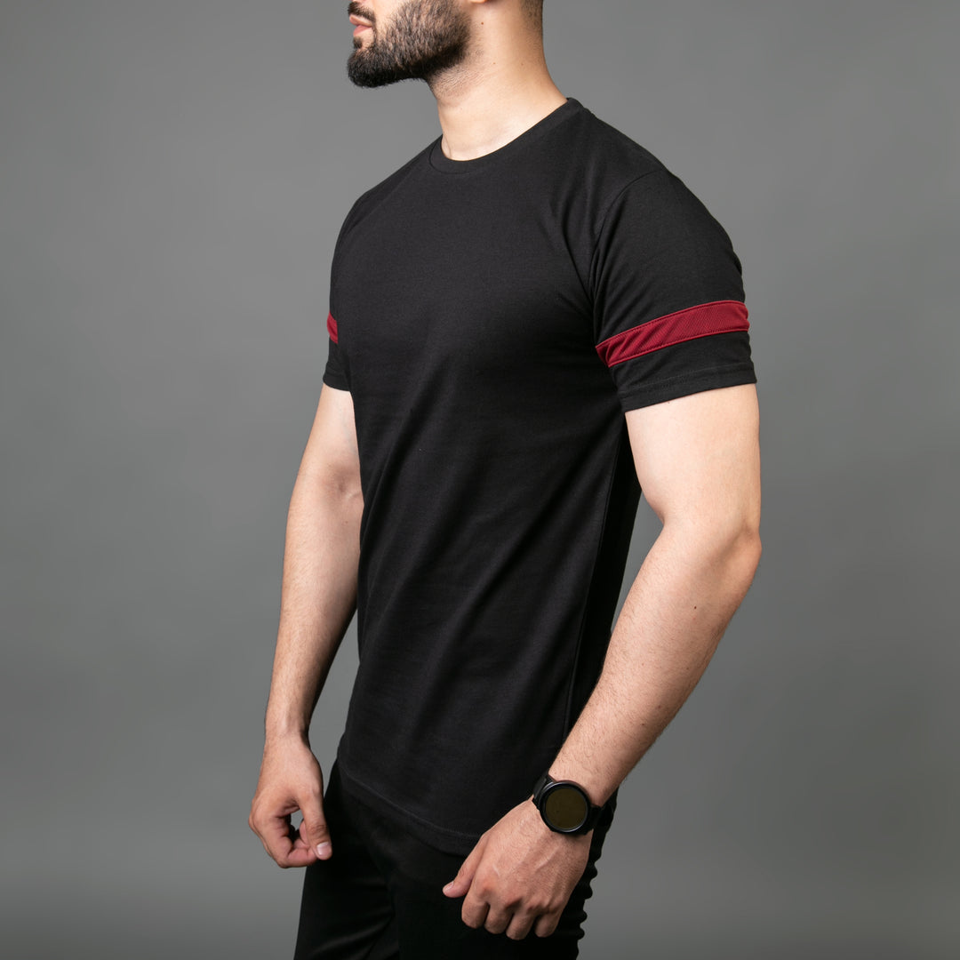 Black Hybrid Tee with Maroon Mesh Sleeve Panel