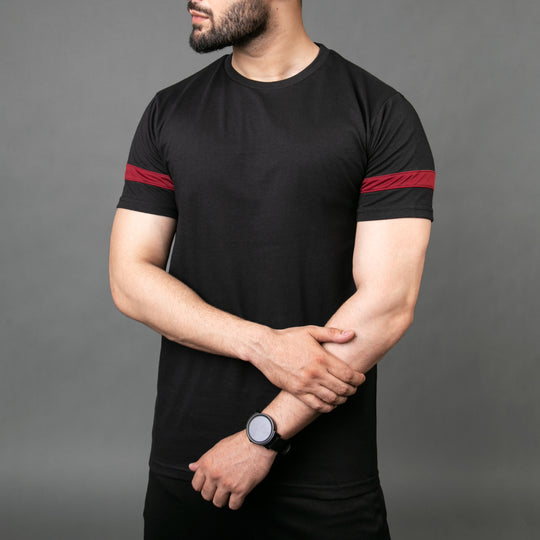Black Hybrid Tee with Maroon Mesh Sleeve Panel