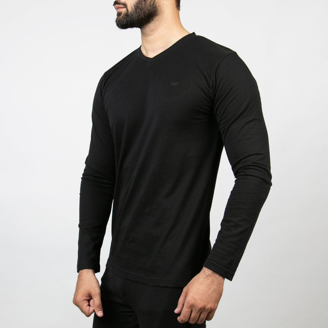 Black V-Neck Full Sleeves Tee with Self Embroidered Logo