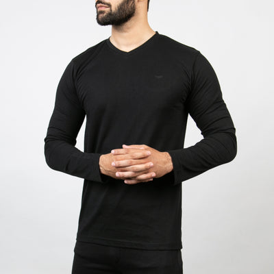 Black V-Neck Full Sleeves Tee with Self Embroidered Logo