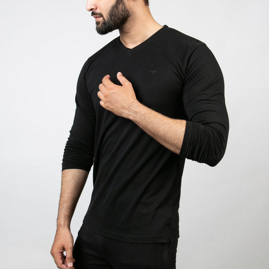 Black V-Neck Full Sleeves Tee with Self Embroidered Logo