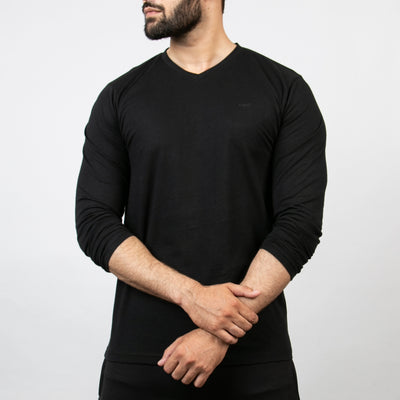 Black V-Neck Full Sleeves Tee with Self Embroidered Logo