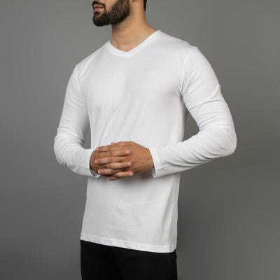 White V-Neck Full Sleeves T-Shirt with Self Embroidered Logo