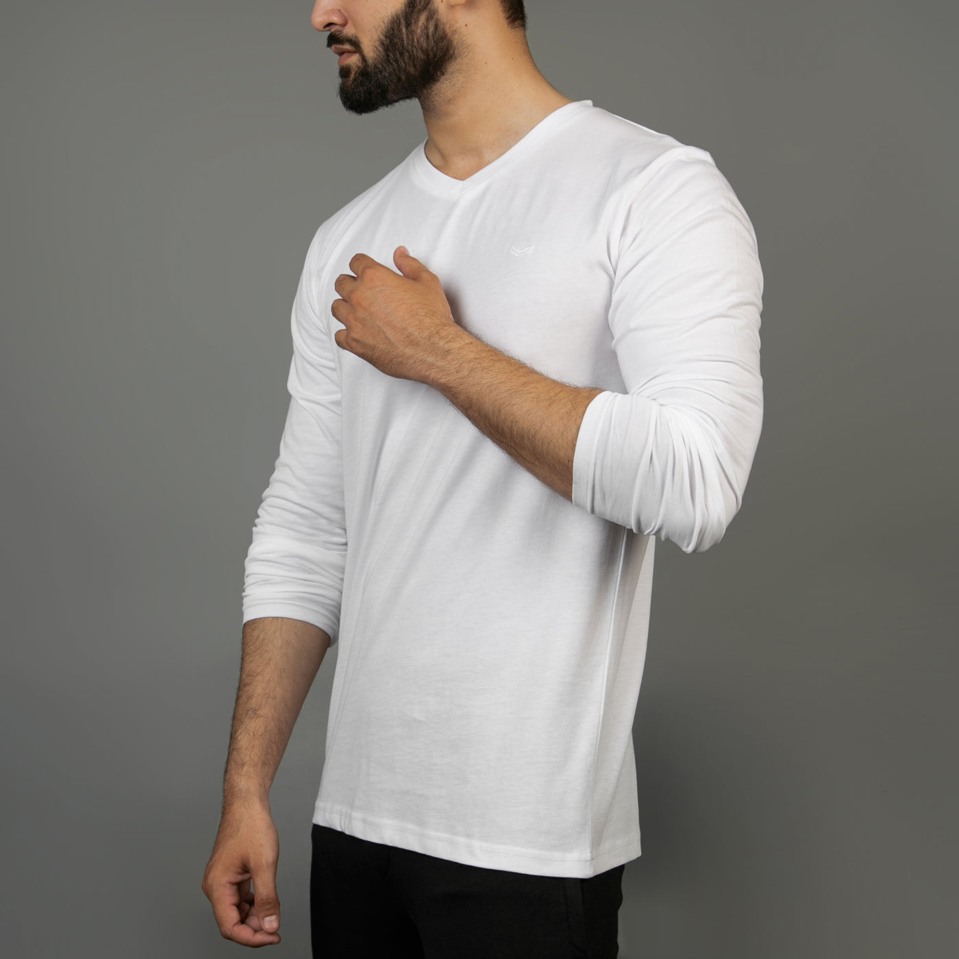 White V-Neck Full Sleeves T-Shirt with Self Embroidered Logo