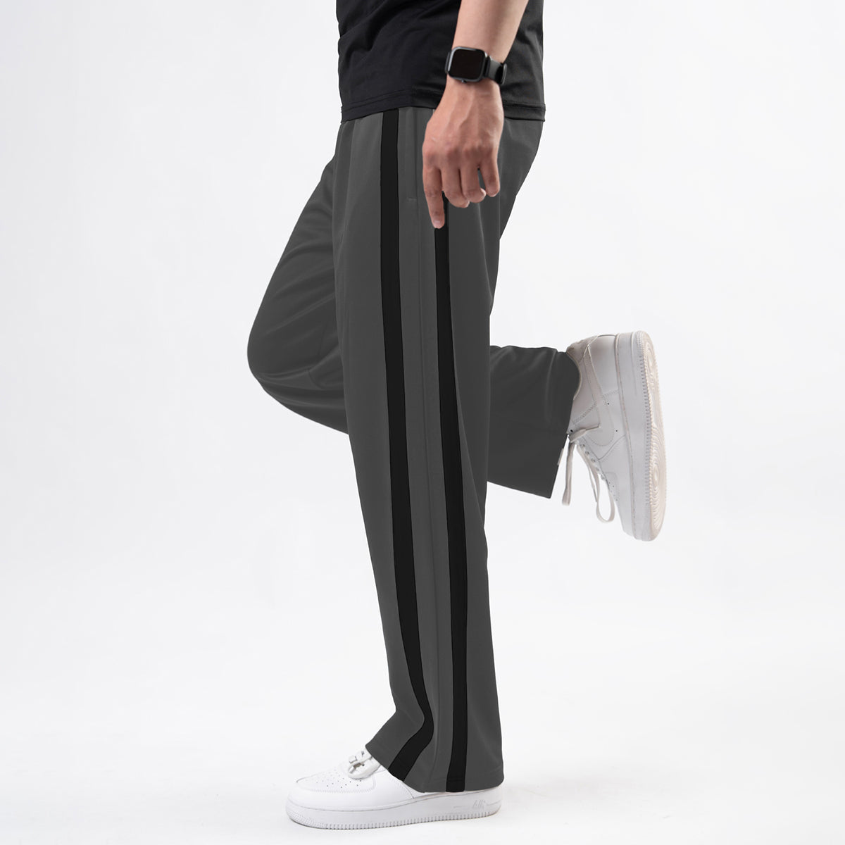 Gray Wide Leg Trouser with Bold Black Stripes