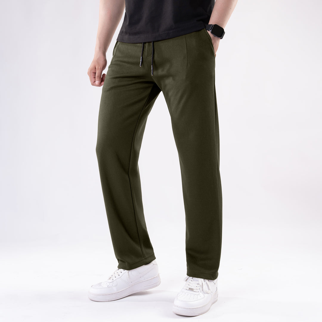 Olive Straight Fit Pleated Trousers