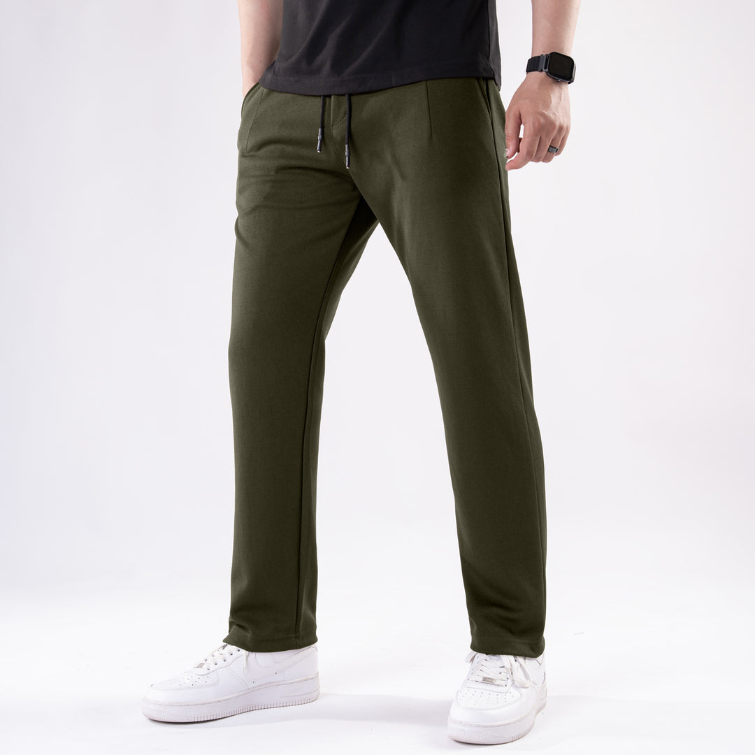 Olive Straight Fit Pleated Trousers