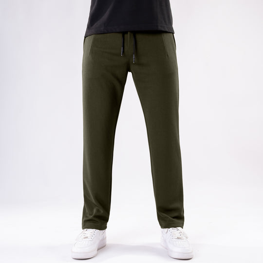 Olive Straight Fit Pleated Trousers