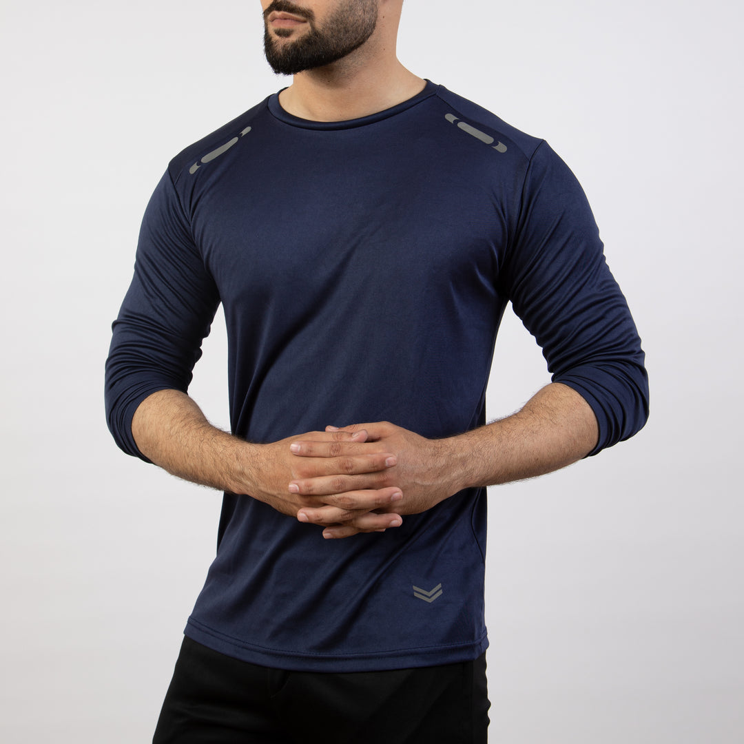 Navy Quick Dry Full Sleeves T-Shirt with Front Reflectors