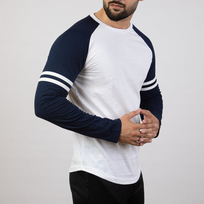 Striped Sleeves White & Navy Baseball Raglan