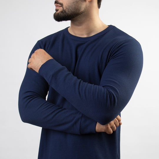 Navy Thermal Full Sleeves Waffle-Knit