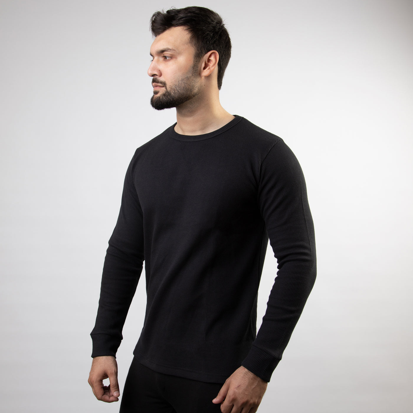 Black Thermal Full Sleeves Waffle-Knit