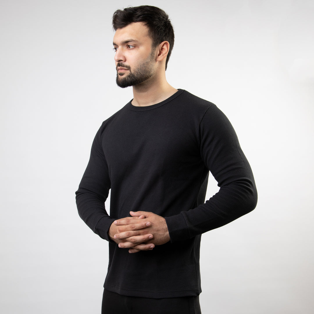 Black Thermal Full Sleeves Waffle-Knit