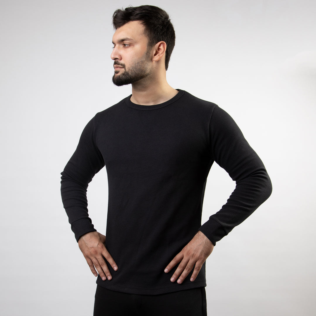 Black Thermal Full Sleeves Waffle-Knit