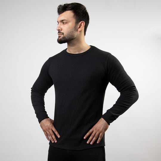Black Thermal Full Sleeves Waffle-Knit