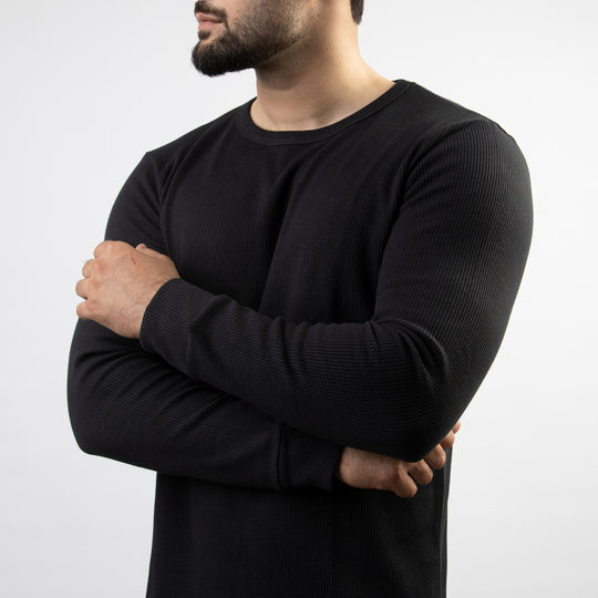 Black Thermal Full Sleeves Waffle-Knit
