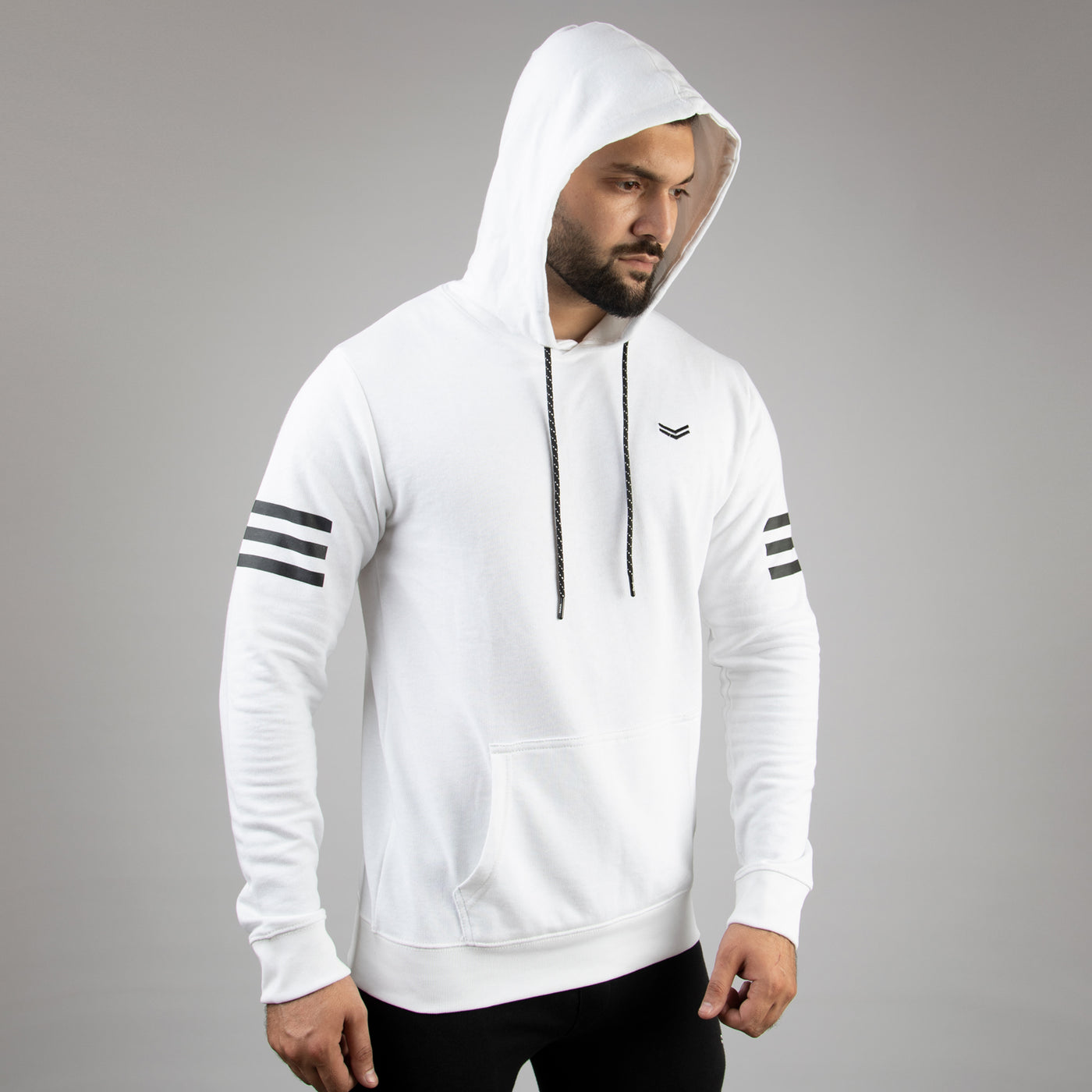 White hoodie with black stripes Clearance