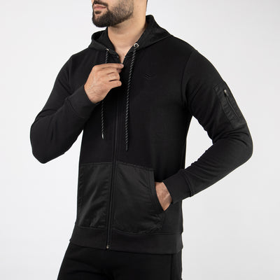 Black Terry Jacket with Micro Hoodie & Pockets